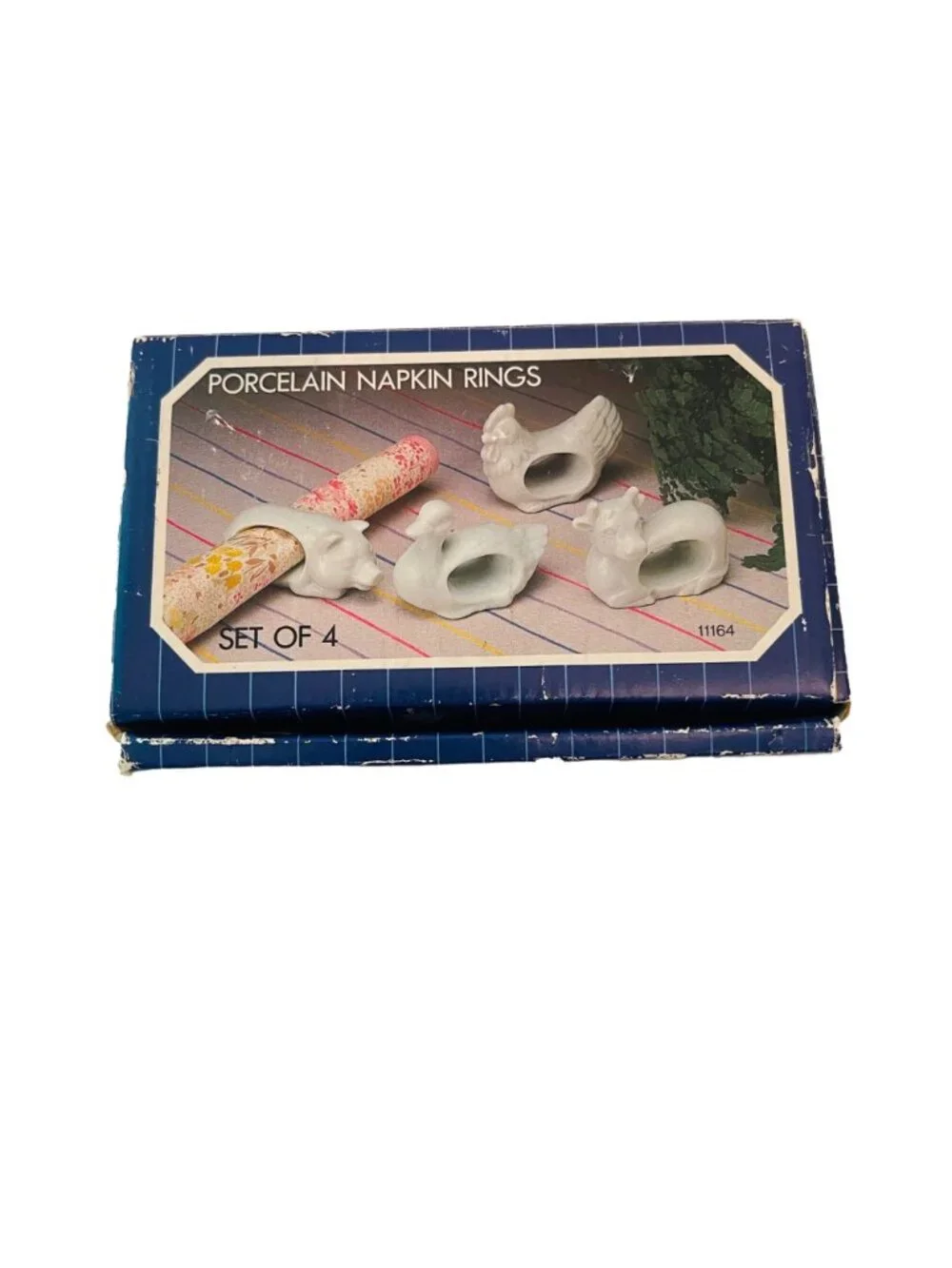 Vintage Napkin Holder Rings White Porcelain Animals Set of 4 with Box 1984